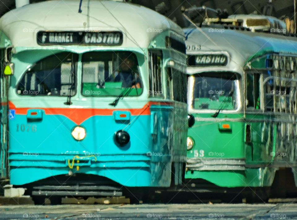 San Francisco Streetcars. Colorful Restored Mid-Twentieth Century Vintage Streetcars On The Streets Of San Francisco
