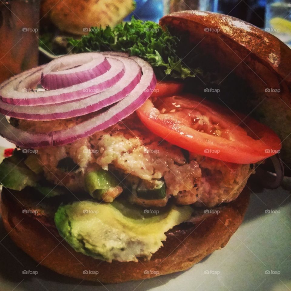 Fresh salmon burger from Eli's Tavern in Milford, Connecticut. It was perfect!