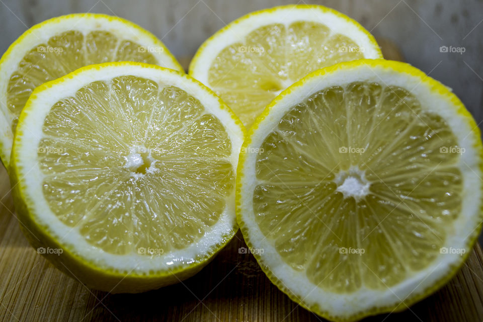 Close-up of freshly cut lemon halves