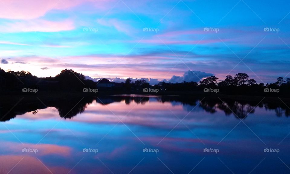 Florida Pond Sunset Reflection Blue and Red Sky