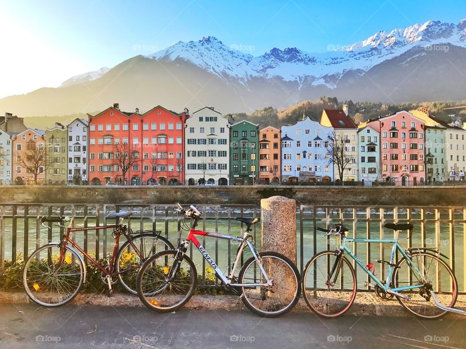 Cycles and colourful buildings in Innsbruck, Austria 