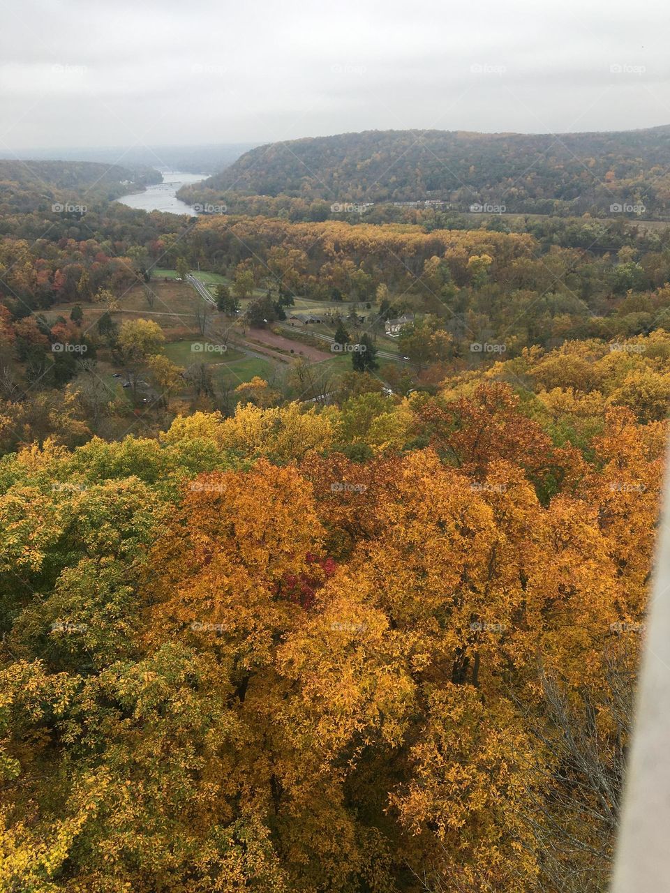 High atop Bowman’s tower in Washington Crossing,PA,overlooking a sea of autumn colors,leading down towards the Delaware river
