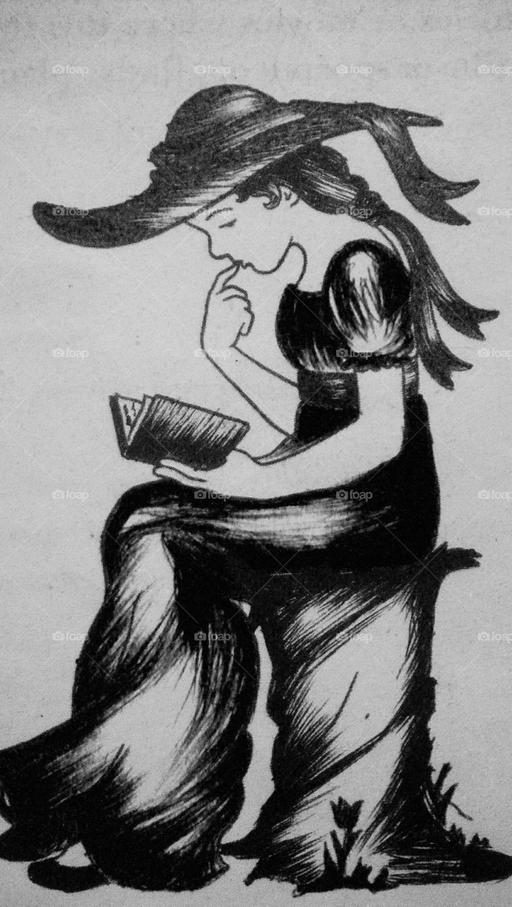 Sketch of a girl reading a book, wearing a big long hat