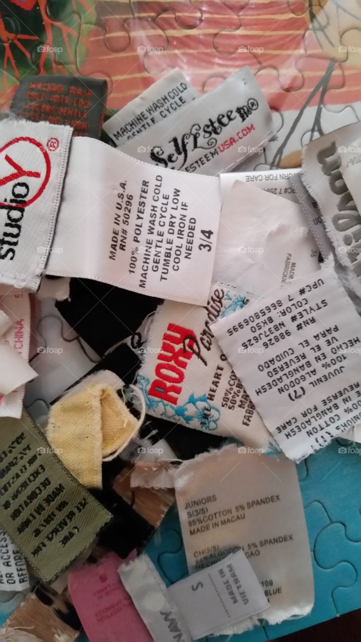 Made in clothing tags. An odd collection