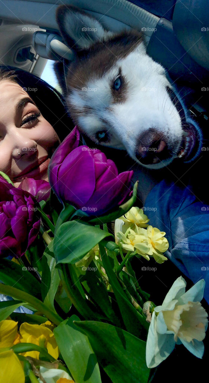 Dog, girl, and flowers