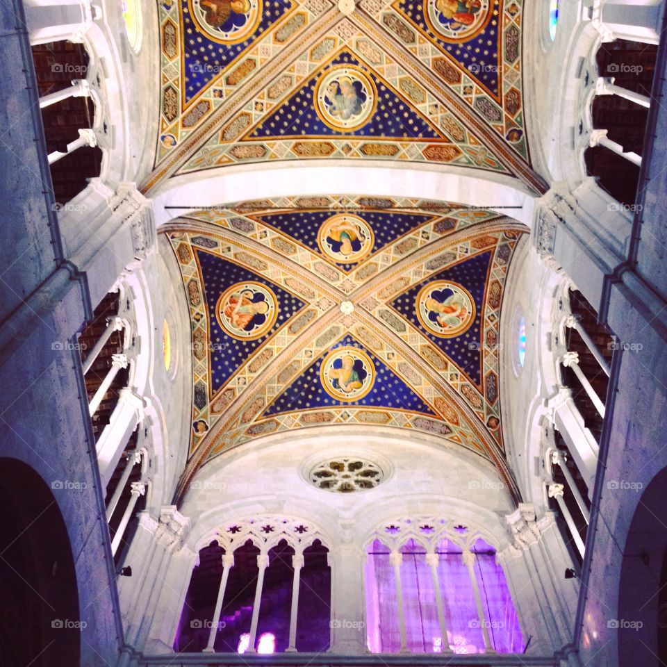 The interior of Lucca Cathedeal with its painted gothic ceiling and purple light streaming through the arcades