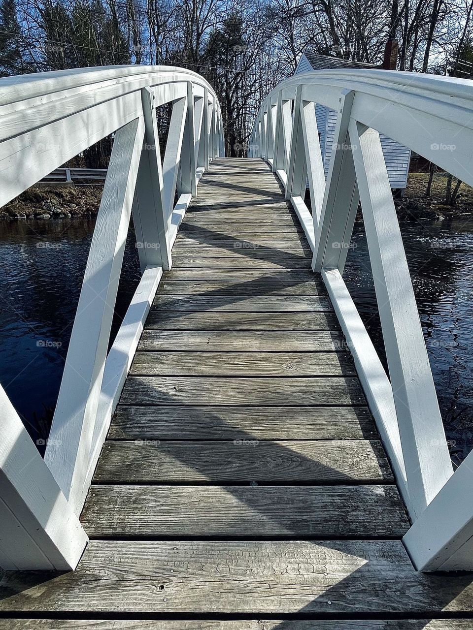 “Footbridge.”  Dappled by late day sun, the arched Somesvillw bridge spans the chilly creek in March.