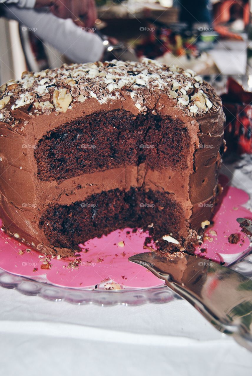 Close-up of chocolate cake on table