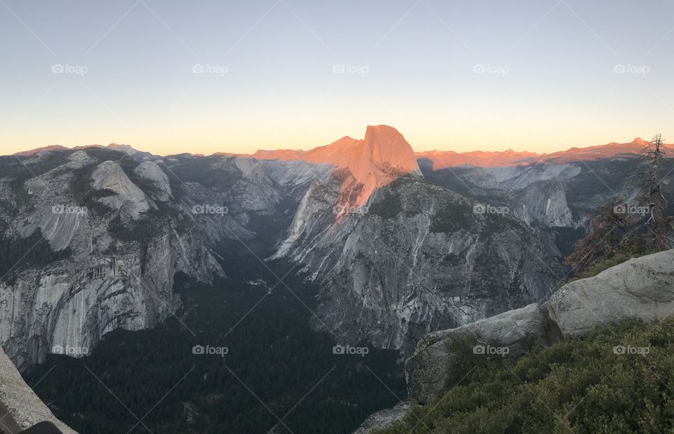 Sunset on Half Dome Rock from Glacier Point in Yosemite National Park