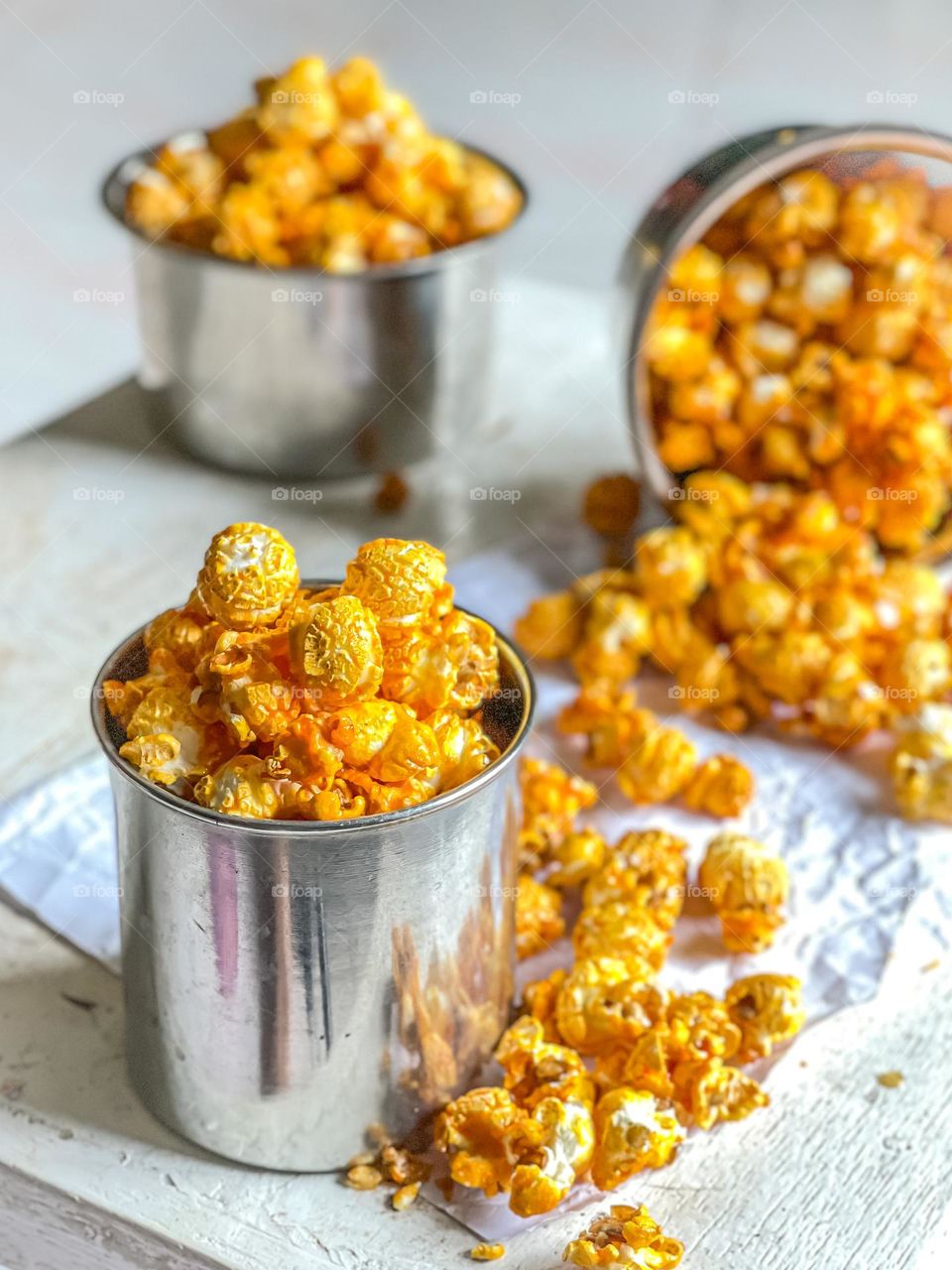Sweet fragrance popcorn covered with golden caramel in close up view