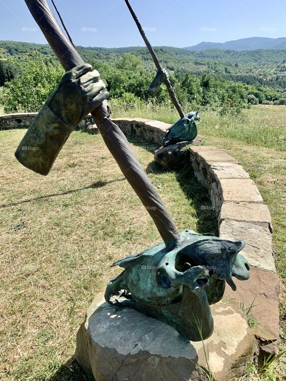Detail of Daniel Spoerri's work "Unicorni / Ombelico del mondo / Onphalos" installed in the park of the Il Giardino Foundation by Daniel Poerri in Seggiano, Tuscany