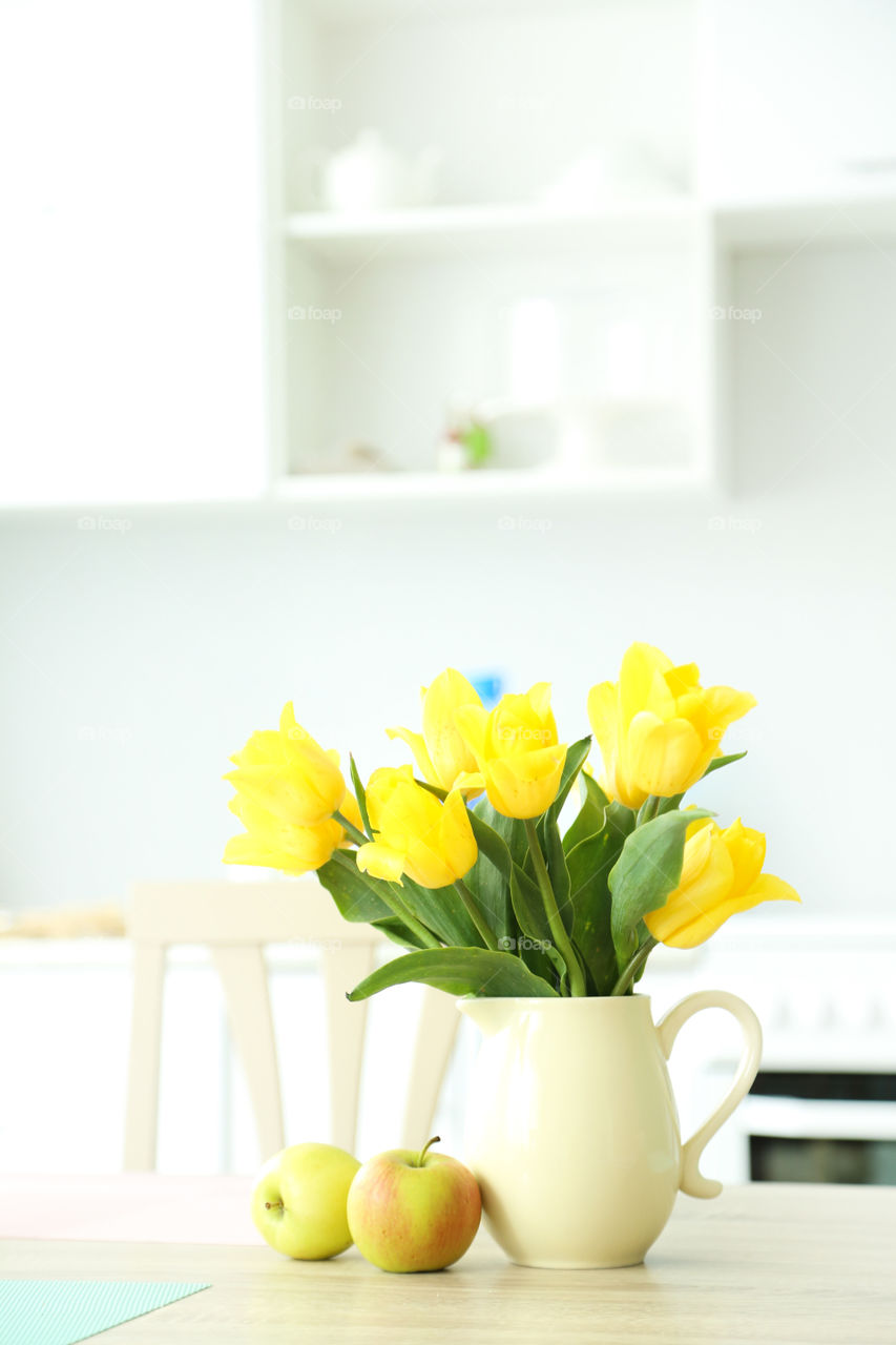 Beautiful bouquet of yellow tulips