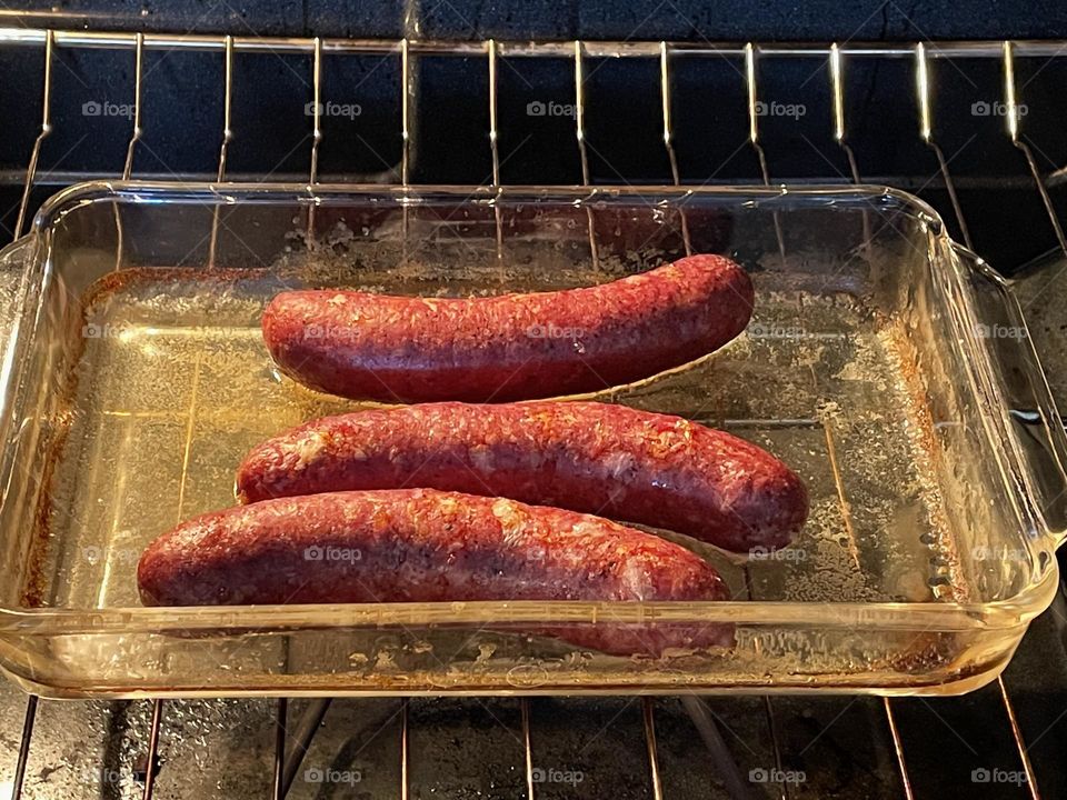 Delicious Homemade beef and pork sausage in the oven and just about done