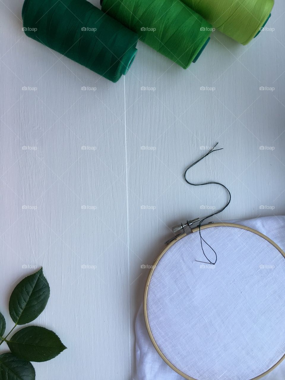 Set the green thread in the bobbin for sewing and embroidery, top view 