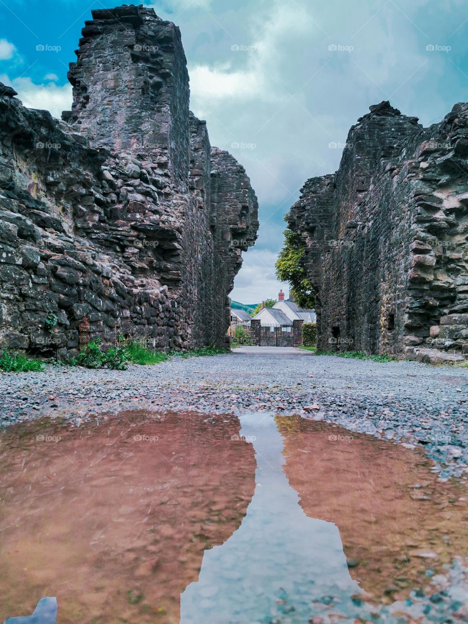reflection of ruins in puddle