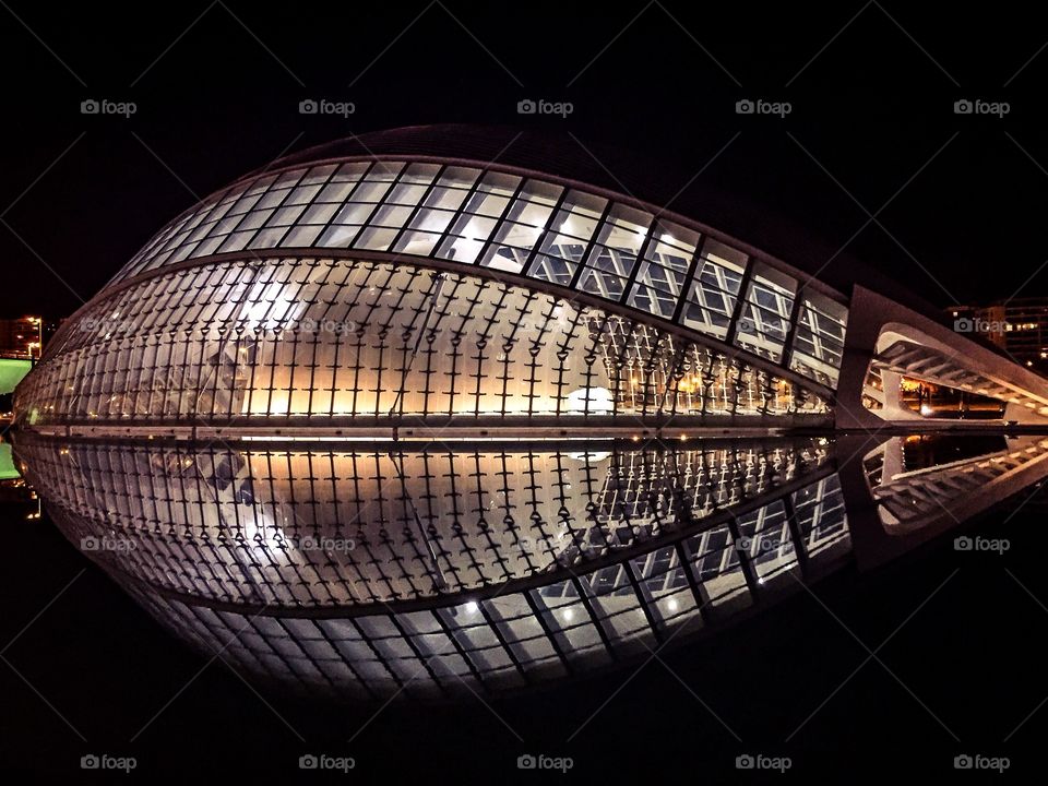 L'Hemisferic reflected into water at night