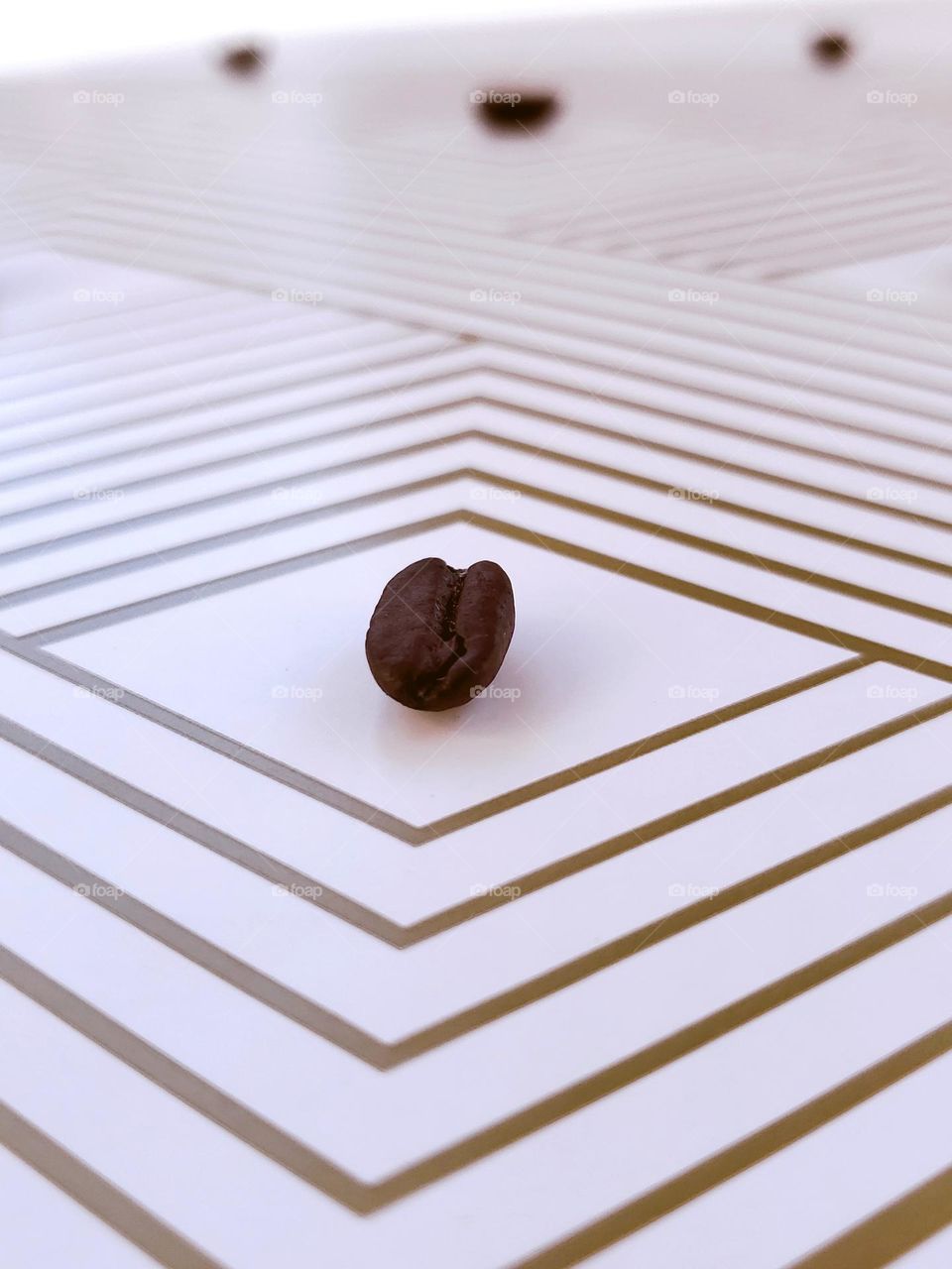 Closeup of a coffee bean half on a creative surface with gold lines on a white surface.