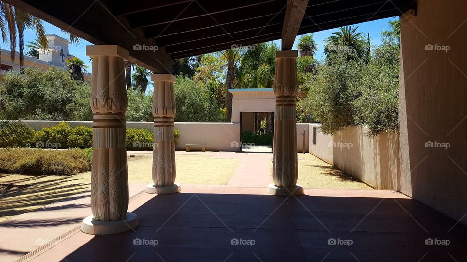 in the shade of the peace garden of an Egyptian musuem in San Jose, Ca