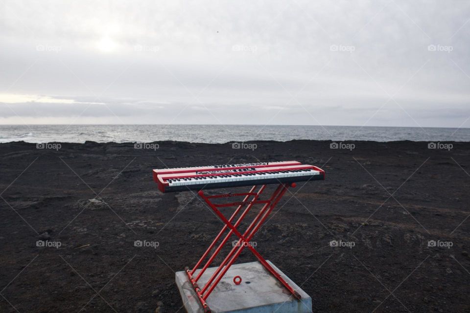 Keyboard from the Volcano Man song from the Netflix movie Eurovision Song Contest: The Story of Fire Saga on Reykjanes peninsula in Iceland.