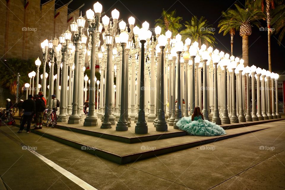 Urban Light - a large scale assemblage sculpture by Chris Burden on Wilshire Boulevard near LACMA in Los Angeles 