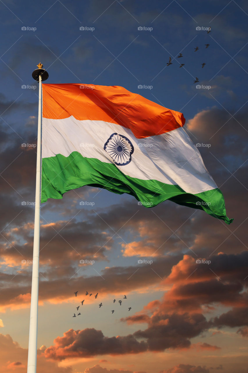 Indian tricolor flag with beautiful sky in the background