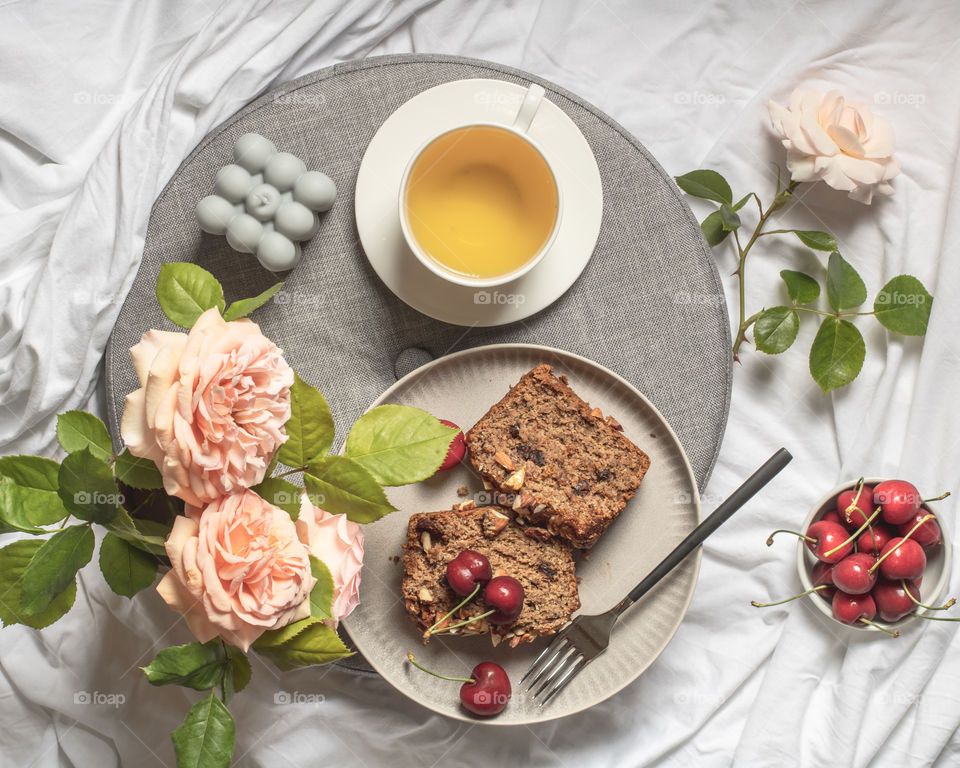 Breakfast time, tea and banana bread