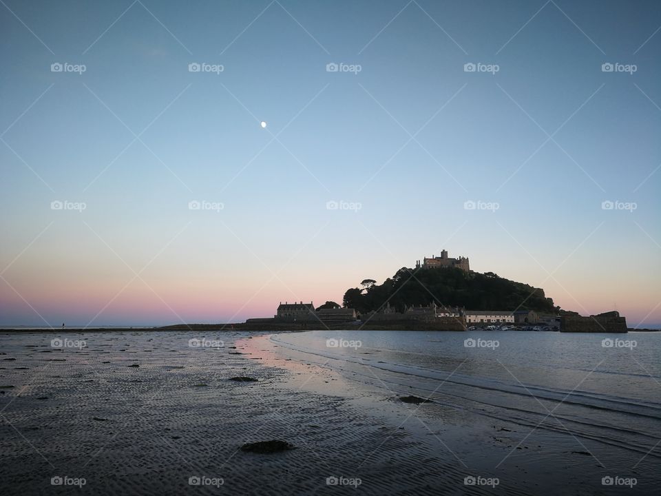Moon and evening sky at St michaels mount