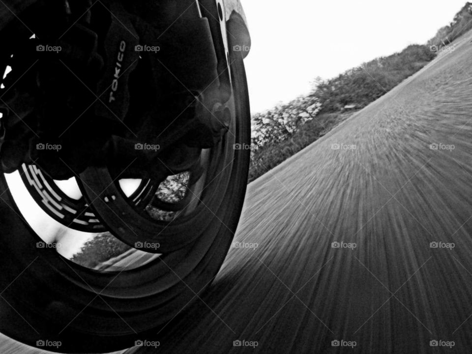 motorcycle wheel at speed