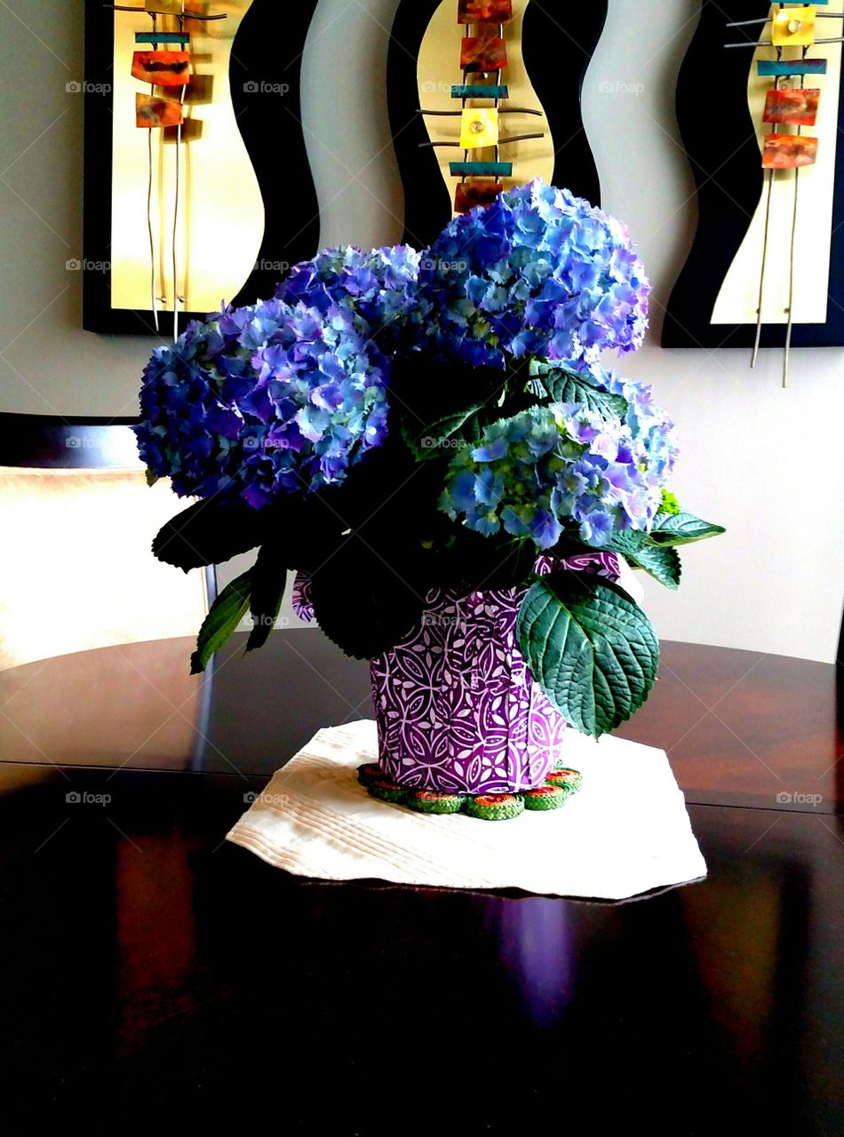 still life artwork purple flowers bloom table inside