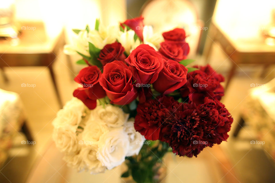 Rose boquet. Red and white roses and burgundy carnations