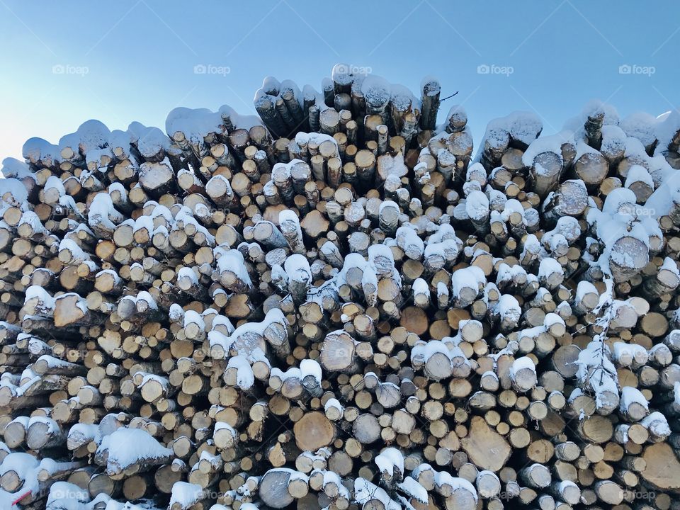 A pile of timber covered in snow