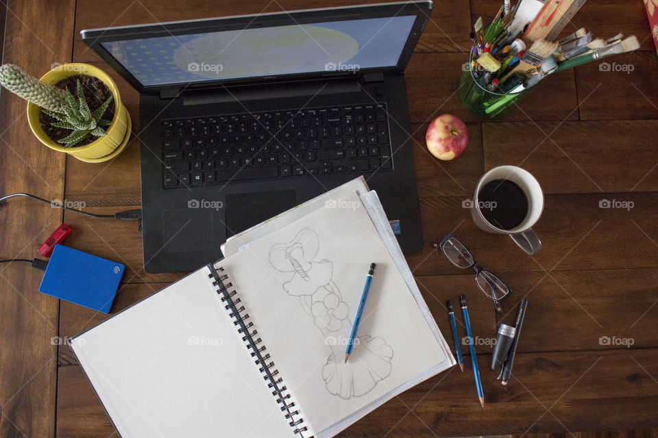 Desk while working on a drawing