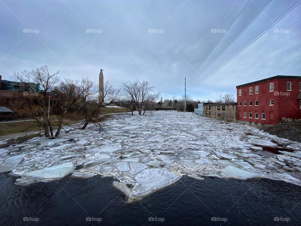 Ice jam on the Saranac River as it flows through downtown Plattsburgh in upstate New York