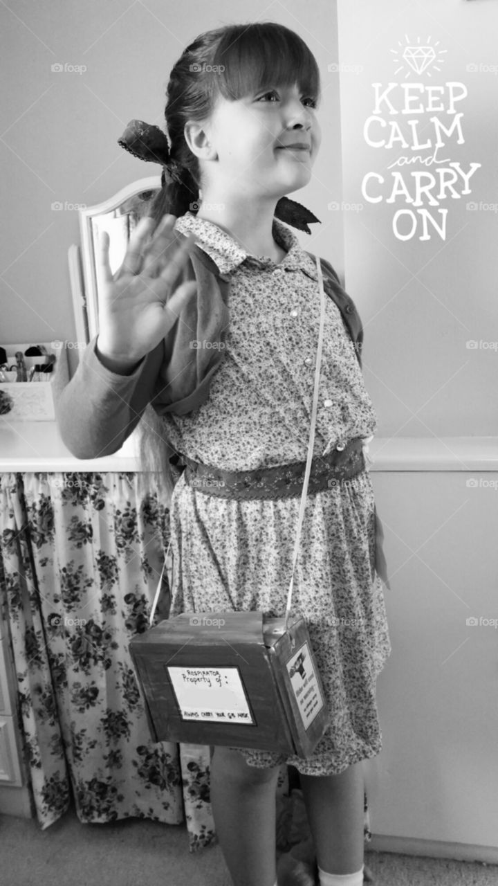 Keep calm and carry on. bw,  black and white . 
vintage 
1940s child evacuee wartime 
world war II  , 2