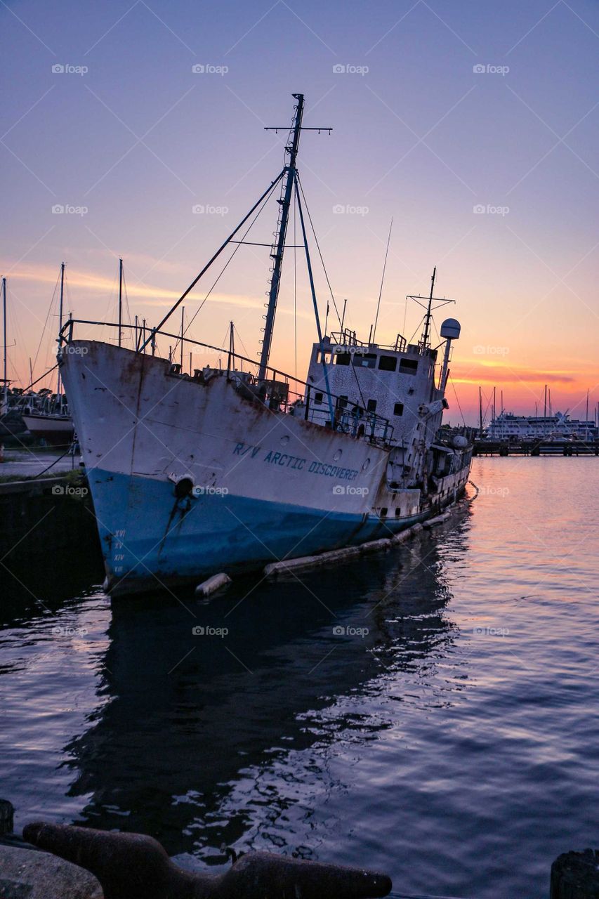 sunset behind the R/V Arctic Discoverer in Green Cove Springs FL