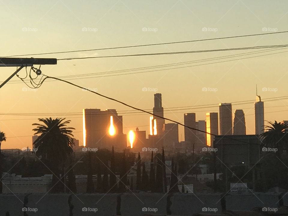Sunrise view of Downtown Los Angeles California with golden sun rays bouncing off the buildings as seen from Hollywood 