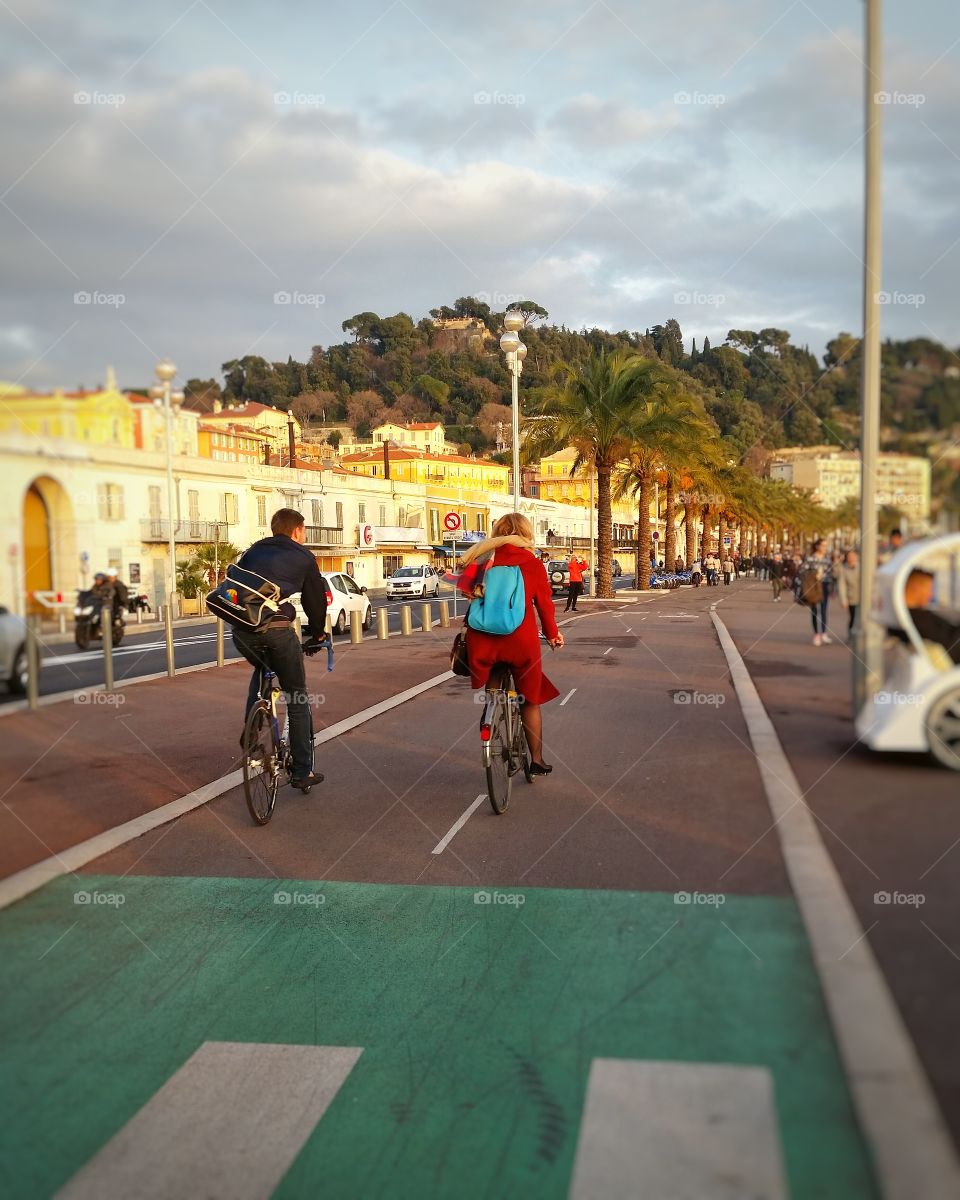 Bicycle ride on Promenade des Anglais in Nice, France