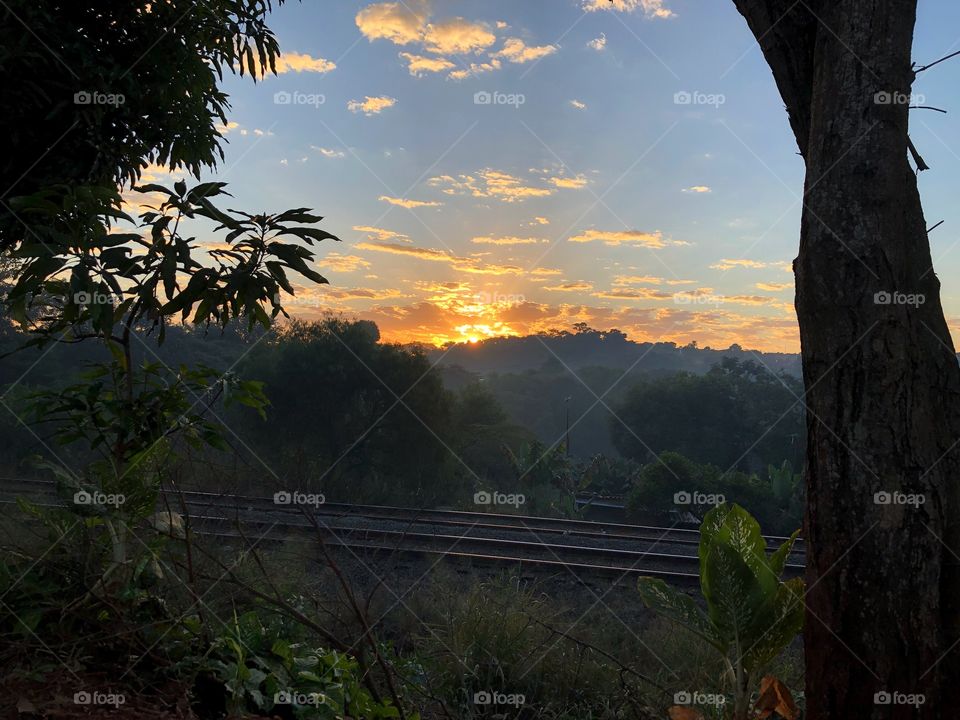 A ridden train line among the trees. A romantic scenery completed by a beautiful sunrise. Winter is coming, but the sun has not lost its light, heat and beauty.