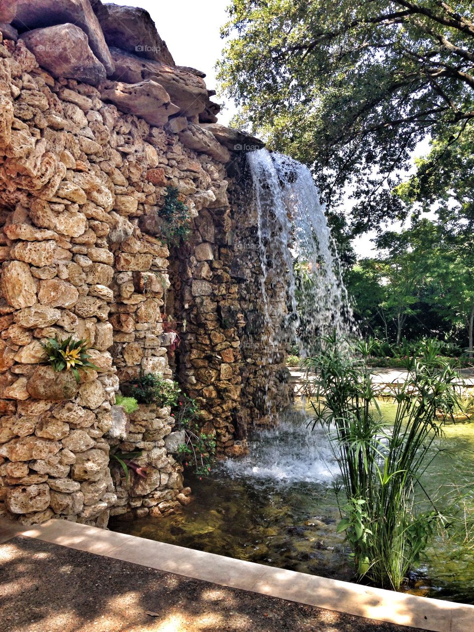 Falling for the view. Waterfall at an outdoor garden exhibit 
