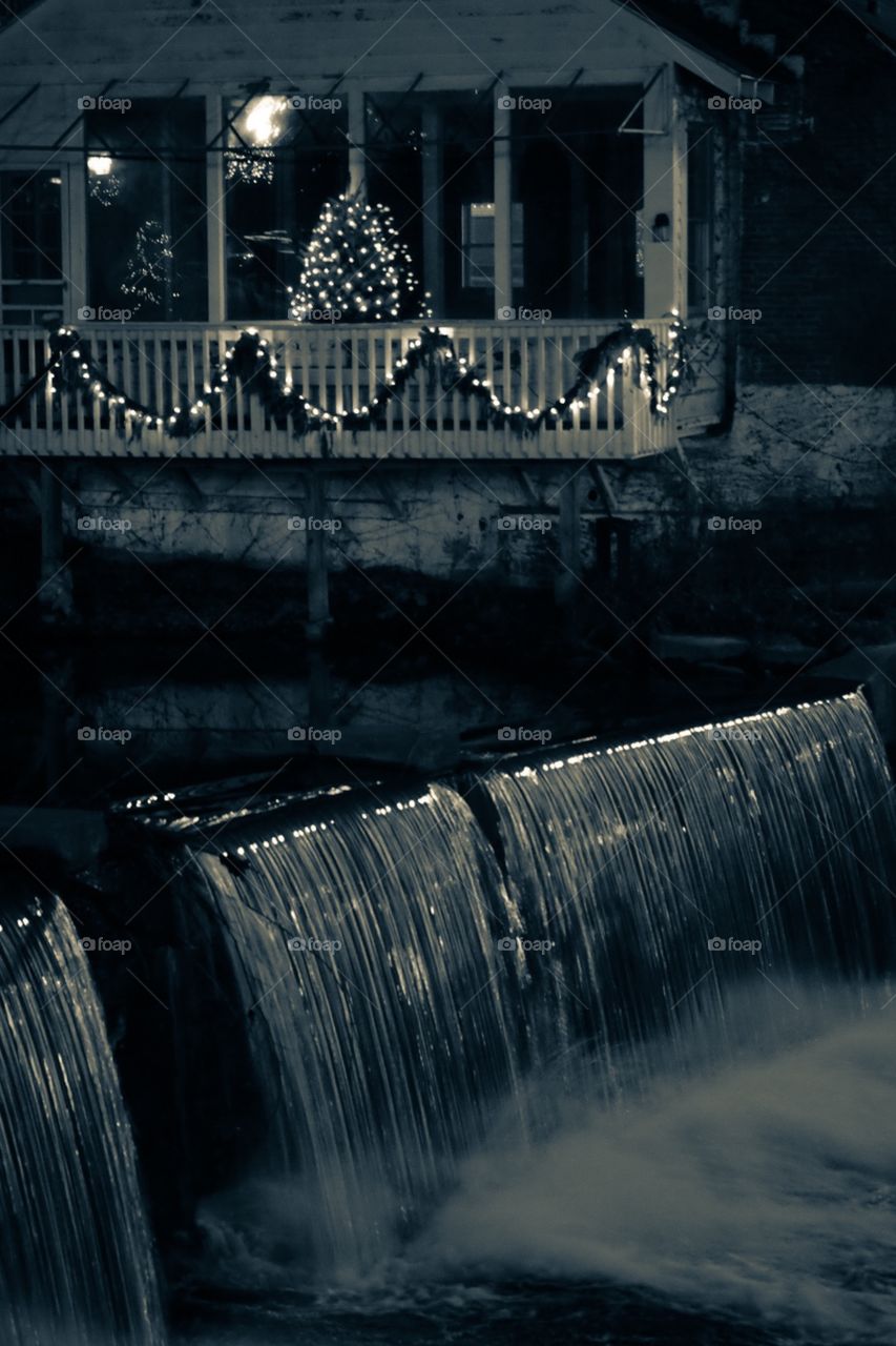 Monochromatic Waterfalls With Christmas Lights Taken In Chagrin Falls Ohio