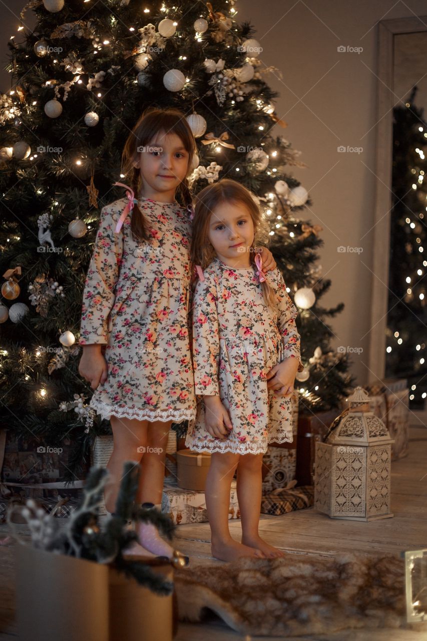 Little sisters near Christmas tree at home