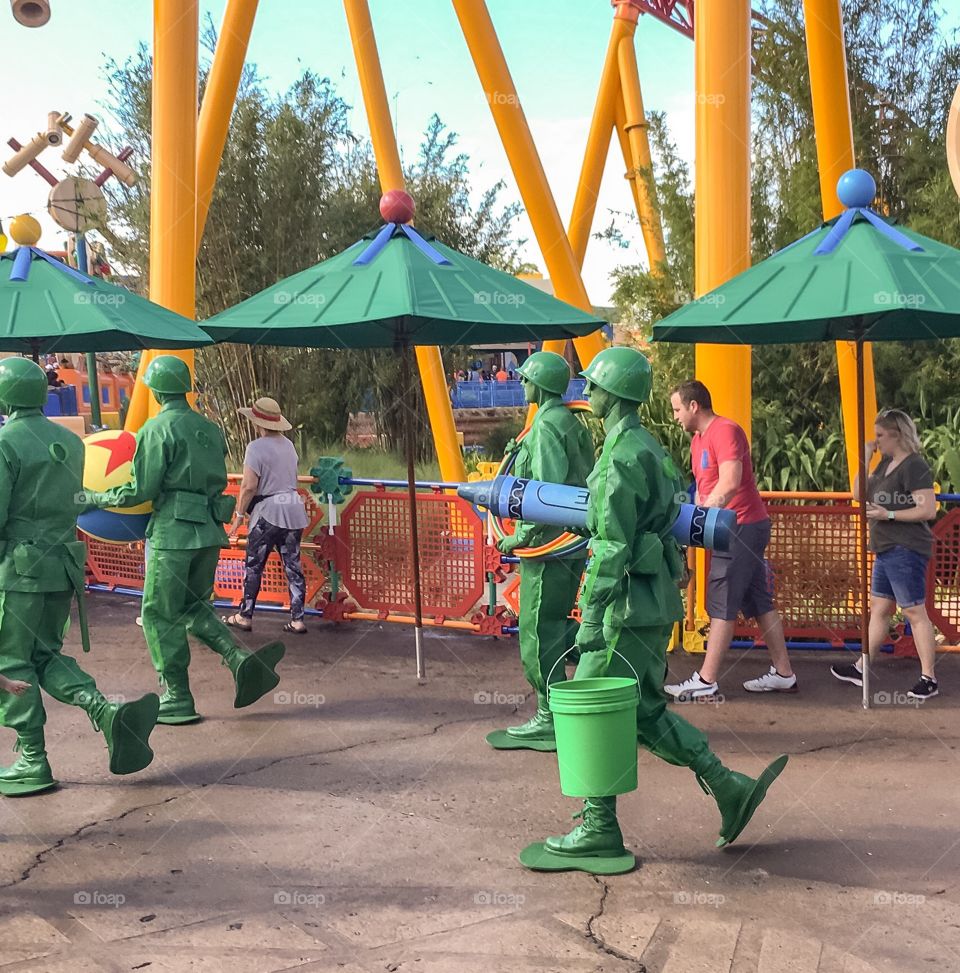 Green army men on their way off to work in Toy Story Land at Hollywood Studios in Disney World.