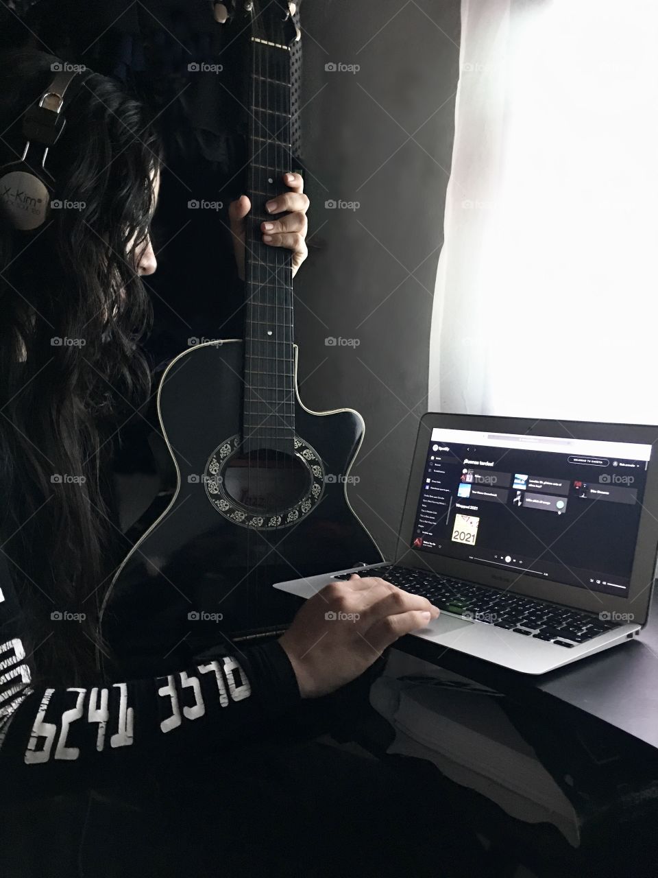 Music studio. Guitar. Black