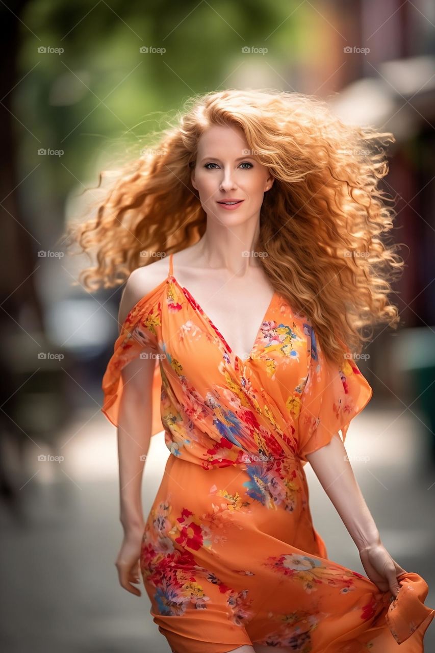 Redhead woman in a nice dress going for a stroll
