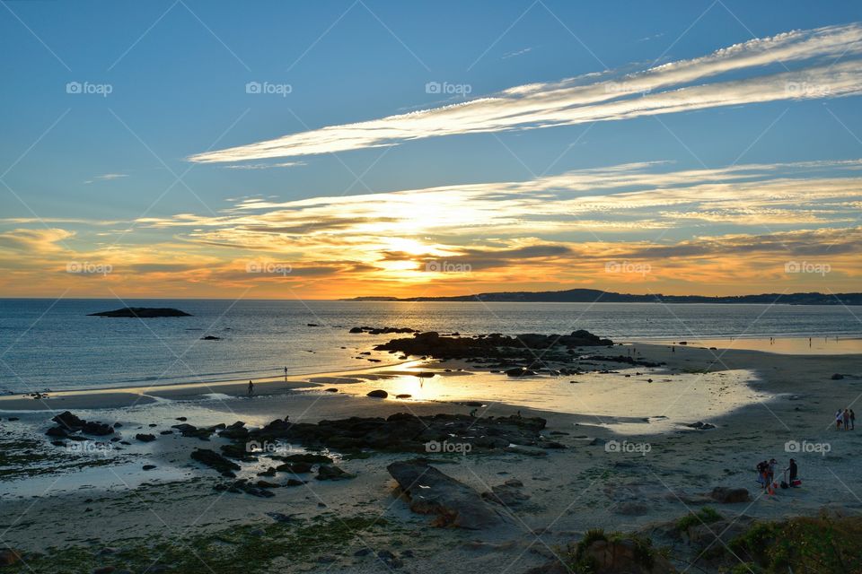 Sunset over A Lanzada beach, Galicia, Spain.