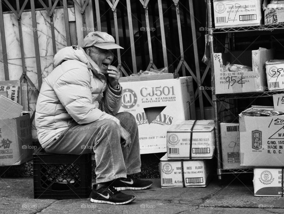 Old Chinese Man Laughing On The Street. Old Man Laughing At A Joke
