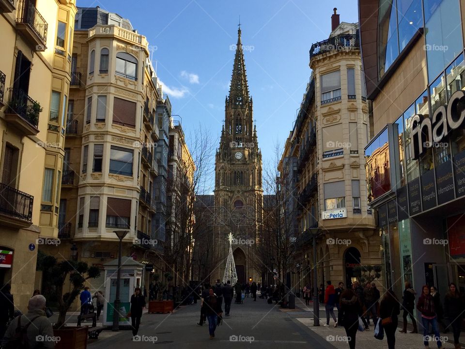 Street and the cathedral is San Sebastián, Spain