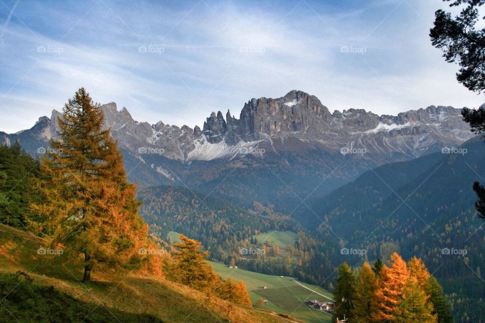 Snowy mountain during autumn