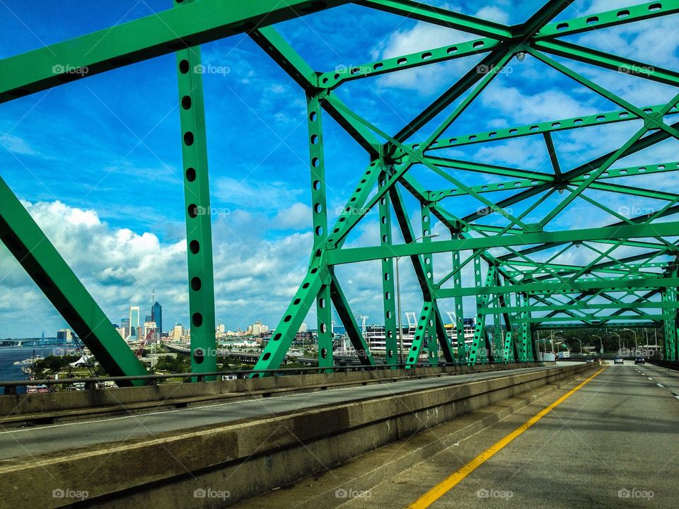 Going over one of Jacksonville's many bridges, you can see Downtown and Jaguar Stadium