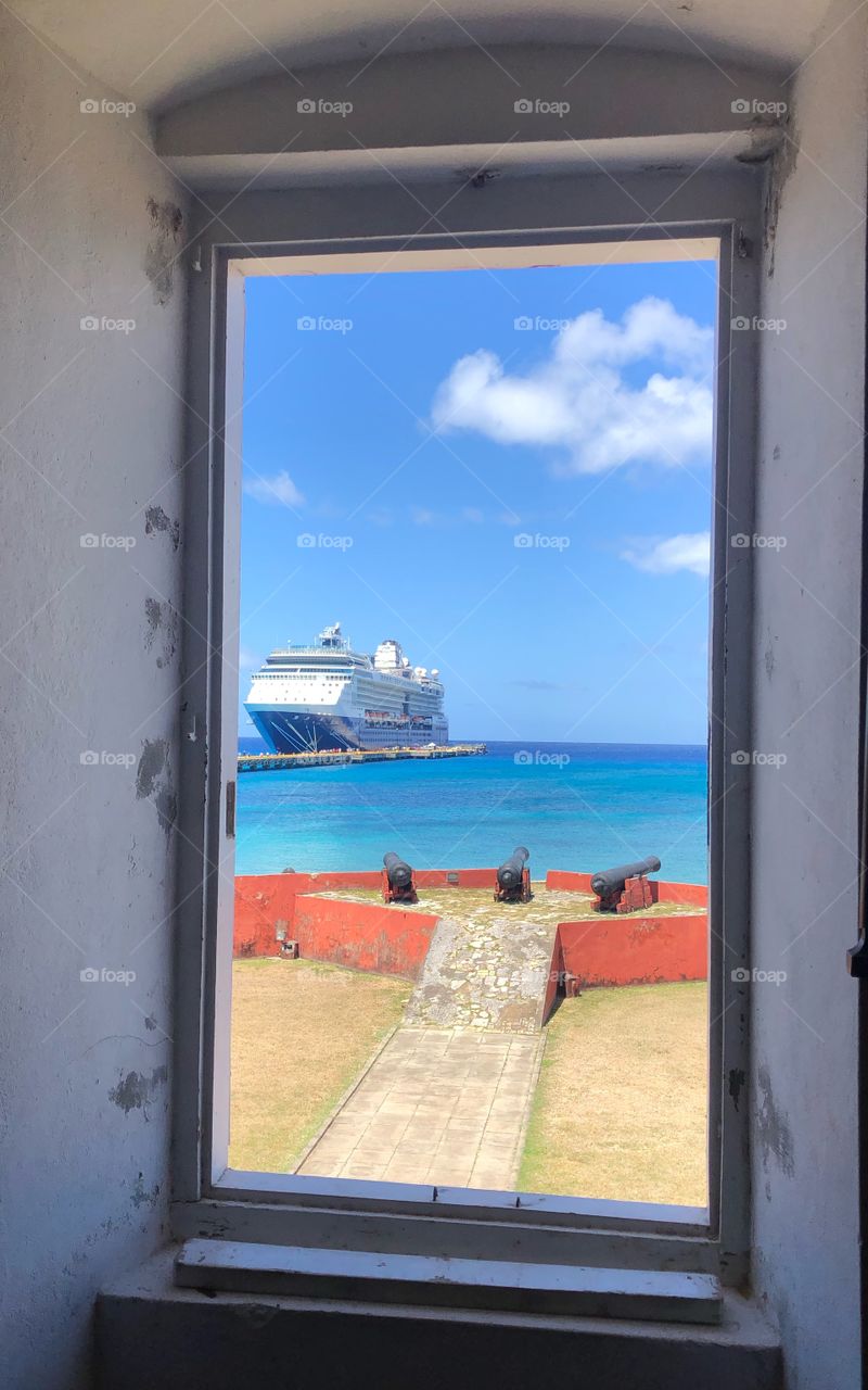 View of cruise ship from historic fort